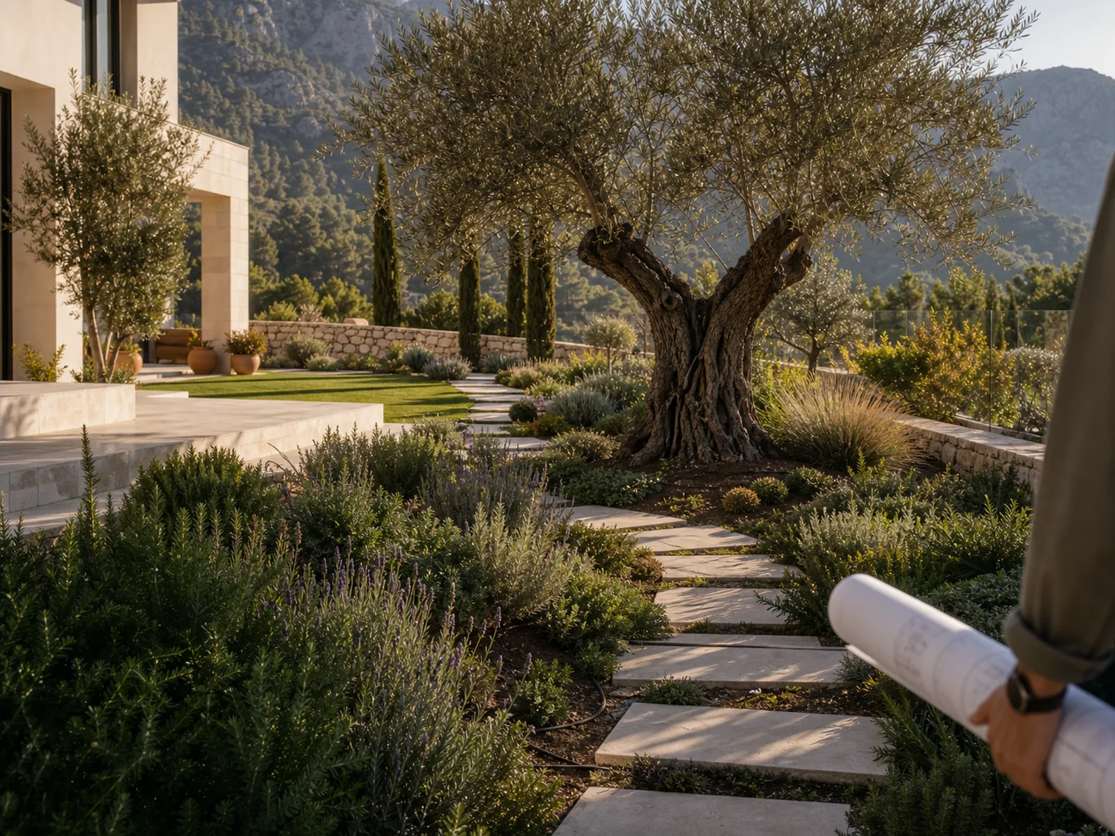 Antalya iklimine uyumlu zeytin ağacı ve aromatik bitkilerle tasarlanmış bahçe